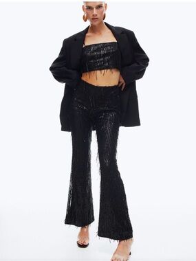 H&M Black Sequin Fringe Two-piece set crop top & wide leg pants sizes Medium
